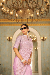 PINK READY TO WEAR SAREE WITH FULLY EMBROIDERED BLOUSE