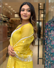 YELLOW COLOURED WOMEN'S PURE RUSSIAN SILK EMBROIDERED KURTA WITH PANT DUPATTA SET