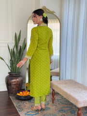 PISTA COLOURED WOMEN'S REYON EMBROIDERED KURTA WITH PANT DUPATTA SET