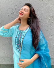 SKYBLUE COLOURED WOMEN'S VISCOSE RAYON KURTA WITH DUPATTA SET