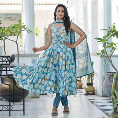 Premium Blue Printed Anarkali Style Chanderi Suit
