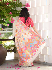 Kashmiri Weaving Multiple color thread weaving pure zari weaving White and cream coloured saree