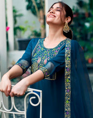 BLUE COLOURED WOMEN'S VISCOSE RAYON KURTA WITH DUPATTA SET