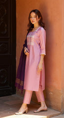 LAVENDER COLOURED WOMEN'S POLYSETER KURTA WITH DUPATTA SET