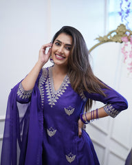 PURPLE COLOURED WOMEN'S PV CHANDERI KURTA WITH PANT DUPATTA SET