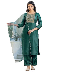 SKYLEE Women’s Dark Green Silk Blend Kurta Set with Embroidery, Pants & Dupatta | Ethnic Wear Malaysia | Festive & Wedding Outfit