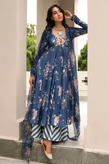 Falak Blue Front Open Floral Anarkali with Palazzo and Dupatta