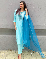 SKYBLUE COLOURED WOMEN'S VISCOSE RAYON KURTA WITH DUPATTA SET