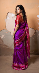 THE BANARASI SAREEIS MADE UP OF SILK THREADS WOVEN USING