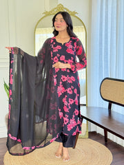 BLACK COLOURED WOMEN'S GEORGETTE KURTA WITH PANT DUPATTA SET