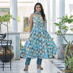 Premium Blue Printed Anarkali Style Chanderi Suit