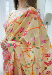 KASHMIRI WEAVING MULTIPLE COLOR THREAD WEAVING PURE ZARI WEAVING LIGHT YELLOW