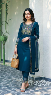 BLUE COLOURED WOMEN'S VISCOSE RAYON KURTA WITH DUPATTA SET