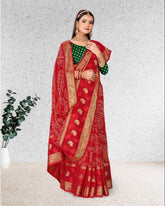 Bandhani Print Jacquard border Cotton saree with blouse for women