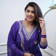 PURPLE COLOURED WOMEN'S PV CHANDERI KURTA WITH PANT DUPATTA SET