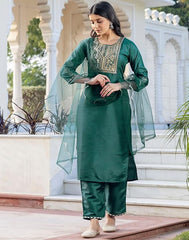 SKYLEE Women’s Dark Green Silk Blend Kurta Set with Embroidery, Pants & Dupatta | Ethnic Wear Malaysia | Festive & Wedding Outfit