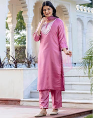 SKYLEE Women’s Dark PINK Silk Blend Kurta Set with Embroidery, Pants & Dupatta | Ethnic Wear Malaysia | Festive & Wedding Outfit
