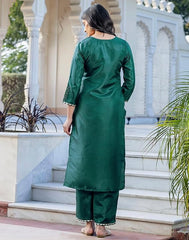 SKYLEE Women’s Dark Green Silk Blend Kurta Set with Embroidery, Pants & Dupatta | Ethnic Wear Malaysia | Festive & Wedding Outfit