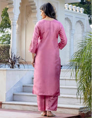 SKYLEE Women’s Dark PINK Silk Blend Kurta Set with Embroidery, Pants & Dupatta | Ethnic Wear Malaysia | Festive & Wedding Outfit