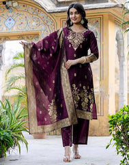 SIRIL Women’s Banarasi Rayon Jacquard Silk Blend Kurta Set with Pant & Dupatta | Designer Ethnic Wear for Women | Party & Wedding Kurti Set Malaysia