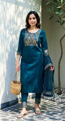 BLUE COLOURED WOMEN'S VISCOSE RAYON KURTA WITH DUPATTA SET