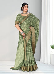 Geometric Print Zari border Soft cotton saree with blouse for women