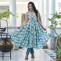 Premium Blue Printed Anarkali Style Chanderi Suit