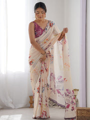crean flower Color georgette Saree With Sequence Work