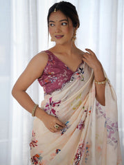 crean flower Color georgette Saree With Sequence Work