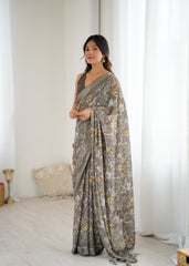 Grey Color Mossatin Saree With Sequence Work