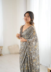 Grey Color Mossatin Saree With Sequence Work