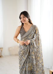 Grey Color Mossatin Saree With Sequence Work