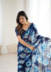 blue Color georgette Saree With Sequence Work