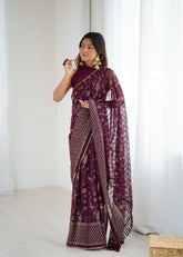wine Color georgette Saree With Sequence Work