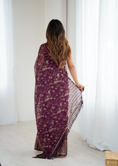 wine Color georgette Saree With Sequence Work