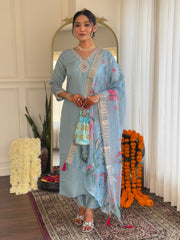 Women's Roman Silk Embroidered Straight Kurta with pant and dupatta sets