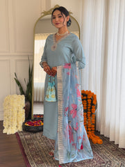 Women's Roman Silk Embroidered Straight Kurta with pant and dupatta sets