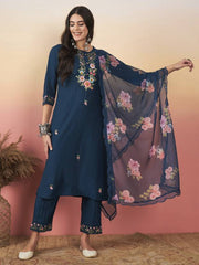 BLUE COLOURED VISCOSE CHANDERI SILK WEAR KURTA SET