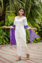 WHITE COLOURED WOMEN'S ROMAN SILK EMBROIDERED KURTA WITH PANT DUPATTA SET