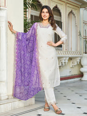WHITE COLOURED WOMEN'S ROMAN SILK EMBROIDERED KURTA WITH PANT DUPATTA SET
