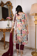 Digital Printed Embroidered Organza Kurta with Trouser & Dupatta | Women’s Stitched 3-Piece Ethnic Set Malaysia | Festive & Party Wear