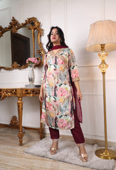 Digital Printed Embroidered Organza Kurta with Trouser & Dupatta | Women’s Stitched 3-Piece Ethnic Set Malaysia | Festive & Party Wear