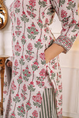 Floral Printed White Cotton Blend Straight Kurta with Trouser & Dupatta | Women’s Ethnic 3-Piece Set Malaysia | Festive & Casual Wear