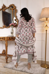 Floral Printed White Cotton Blend Straight Kurta with Trouser & Dupatta | Women’s Ethnic 3-Piece Set Malaysia | Festive & Casual Wear