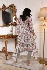 Floral Printed White Cotton Blend Straight Kurta with Trouser & Dupatta | Women’s Ethnic 3-Piece Set Malaysia | Festive & Casual Wear