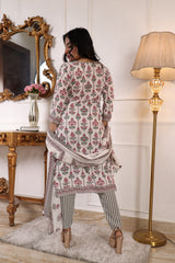 Floral Printed White Cotton Blend Straight Kurta with Trouser & Dupatta | Women’s Ethnic 3-Piece Set Malaysia | Festive & Casual Wear