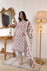 Floral Printed White Cotton Blend Straight Kurta with Trouser & Dupatta | Women’s Ethnic 3-Piece Set Malaysia | Festive & Casual Wear