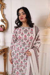 Floral Printed White Cotton Blend Straight Kurta with Trouser & Dupatta | Women’s Ethnic 3-Piece Set Malaysia | Festive & Casual Wear