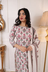 Floral Printed White Cotton Blend Straight Kurta with Trouser & Dupatta | Women’s Ethnic 3-Piece Set Malaysia | Festive & Casual Wear