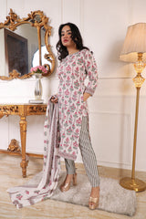 Floral Printed White Cotton Blend Straight Kurta with Trouser & Dupatta | Women’s Ethnic 3-Piece Set Malaysia | Festive & Casual Wear